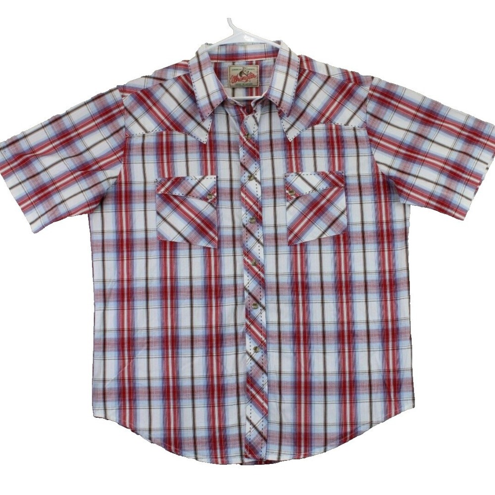Wrangler Mens Short Sleeve Plaid Snap Button Western Shirt Red Blue